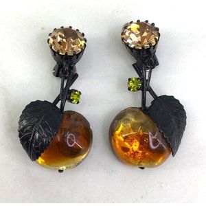 Vintage AUSTRIA Glass Apple Clip On Earrings Dangle RARE